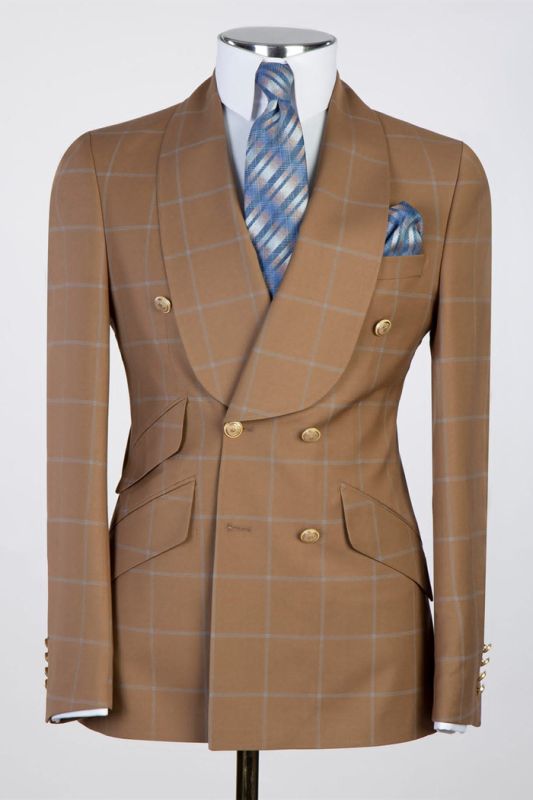 Ryan Brown Plaid Shawl Lapel Double Breasted Business Suits