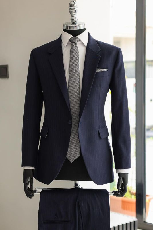 Rex Navy Notched Lapel Striped Business Suits