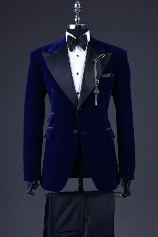 Regan Dark Blue Peaked Lapel Velvet Prom Suits