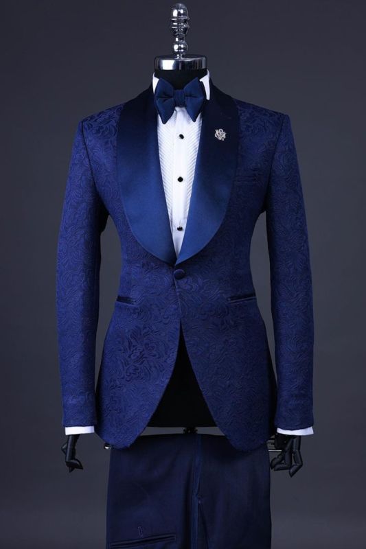 Reeves Navy Shawl Lapel Jacquard Wedding Suits