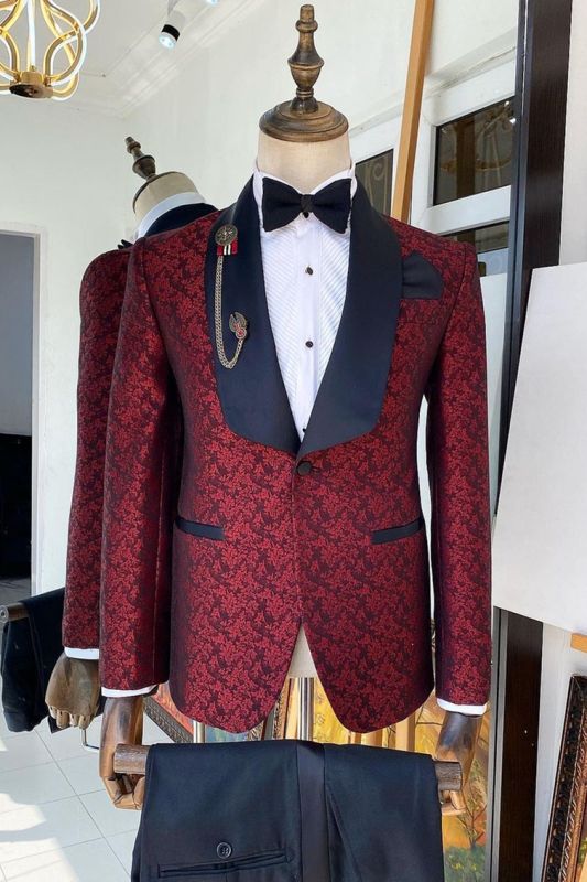 Riley Red Jacquard Wedding Suits With Navy Shawl Lapel and Pants