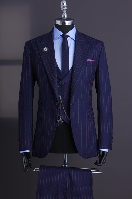 Ralap Navy Peaked Lapel Three Pieces Striped Business Suits