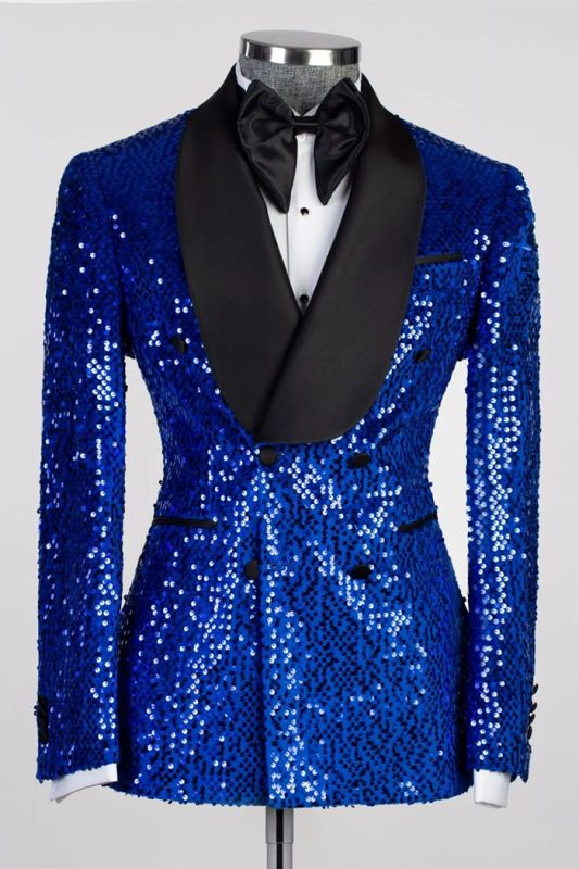 Sampson Royal Blue Sequins Shawl Lapel Double Breasted Prom Suits