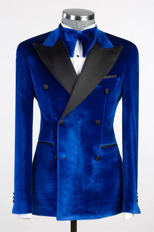 Rory Blue Peaked Lapel Double Breasted Velvet Prom Suits