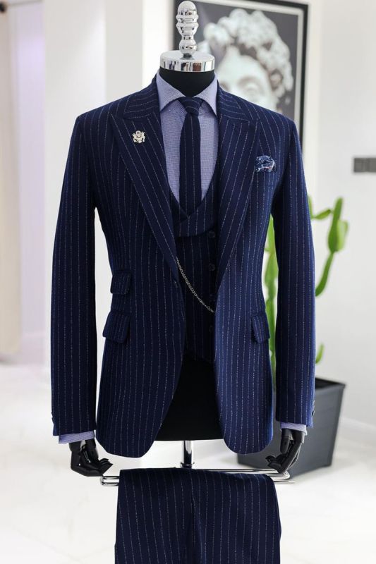 Robin Dark Blue Peaked Lapel Three Pieces Striped Business Suits