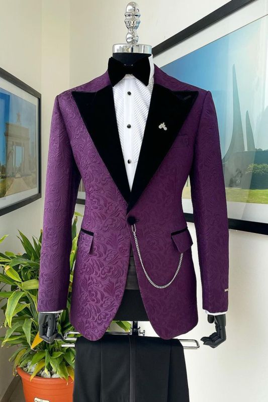 Simon Dark Purple Peaked Lapel Jacquard Prom Suits