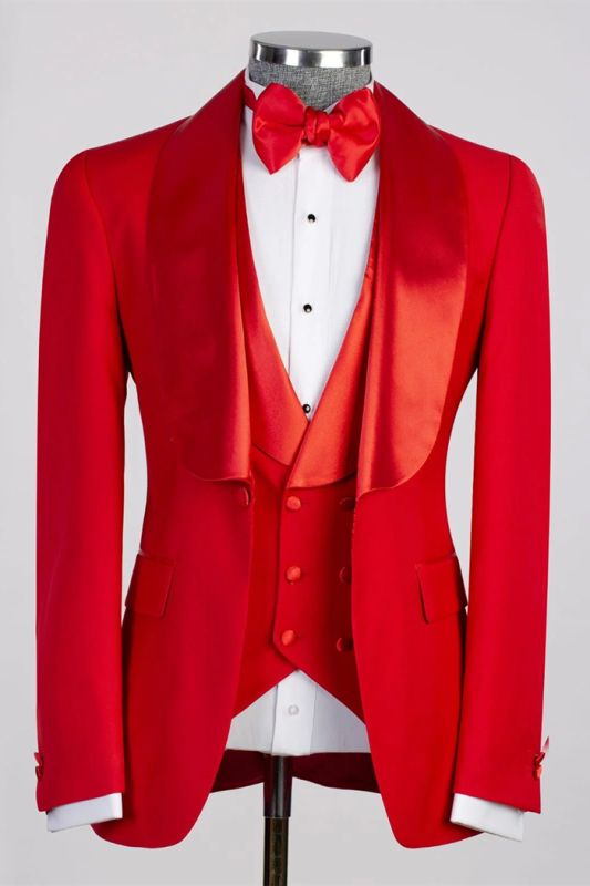 Prescott Red Shawl Lapel Three Pieces Wedding Suits