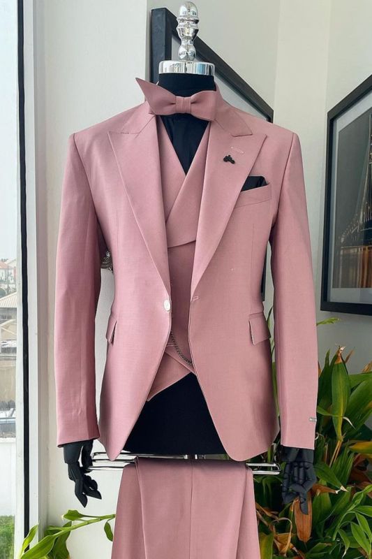 Ron Dusty Pink Peaked Lapel Three Pieces Prom Suits