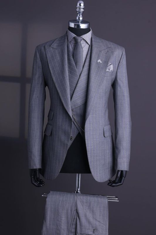 Ramsey Gray Peaked Lapel Three Pieces Striped Business Suits