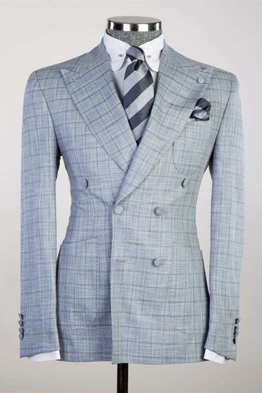 Quennel Light Steel Blue Peaked Lapel Double Breasted Plaid Prom Suits