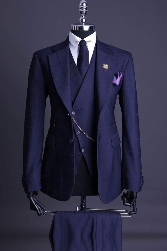 Reginald Navy Notched Lapel Three Pieces Plaid Business Suits