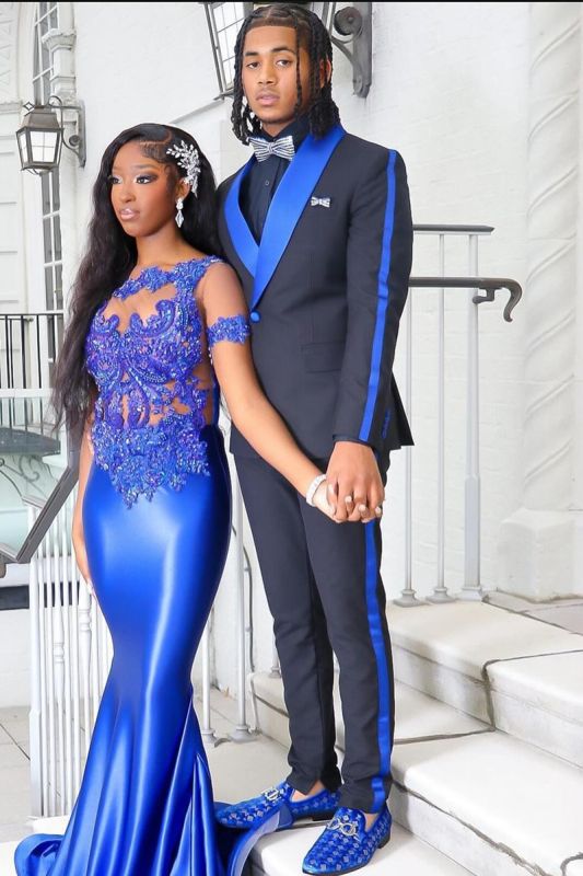 Tiffany Black Prom Suits With Blue Shawl Lapel