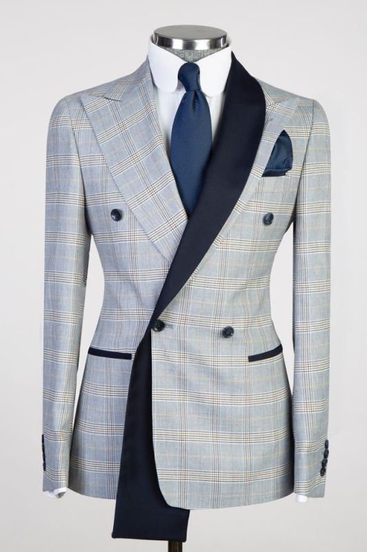 Stewart Light Blue Peaked Lapel Double Breasted Plaid Prom Suits