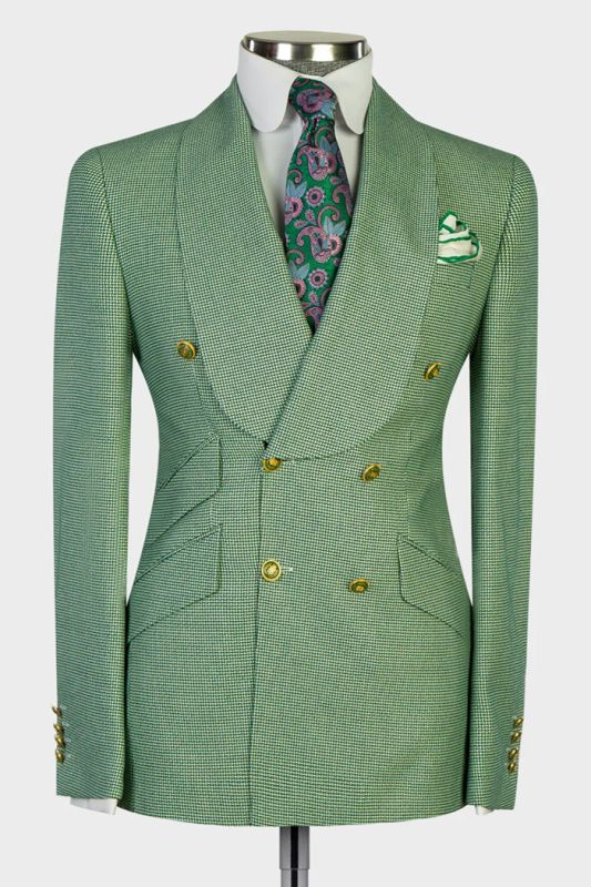 Stev Green Shawl Lapel Double Breasted Plaid Prom Suits