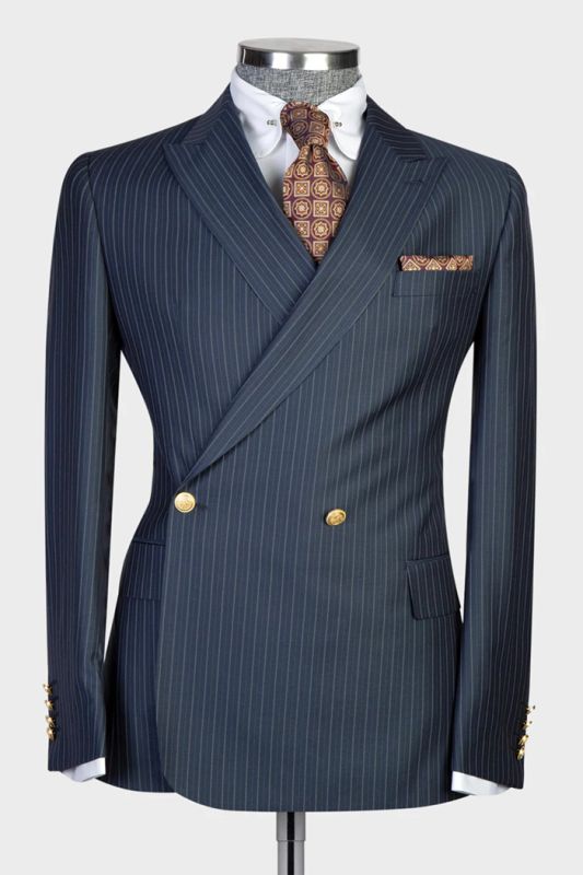 Steven Navy Peaked Lapel Double Breasted Striped Business Suits