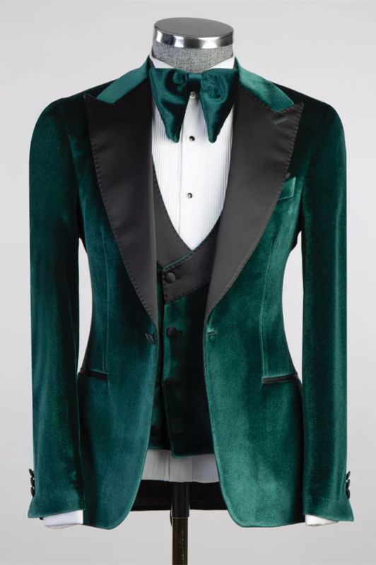 Ted Turquoise Peaked Lapel Three Pieces Velvet Prom Suits