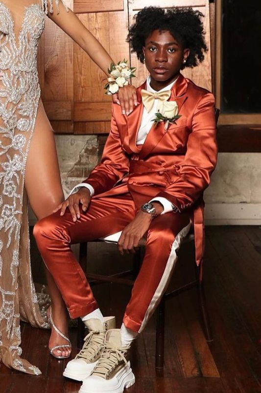 Webster Caramel Peaked Lapel Double Breasted Prom Suits With Belt