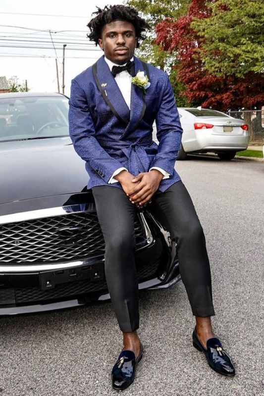 Waller Navy Jacquard Shawl Lapel Prom Suits With Black Pants