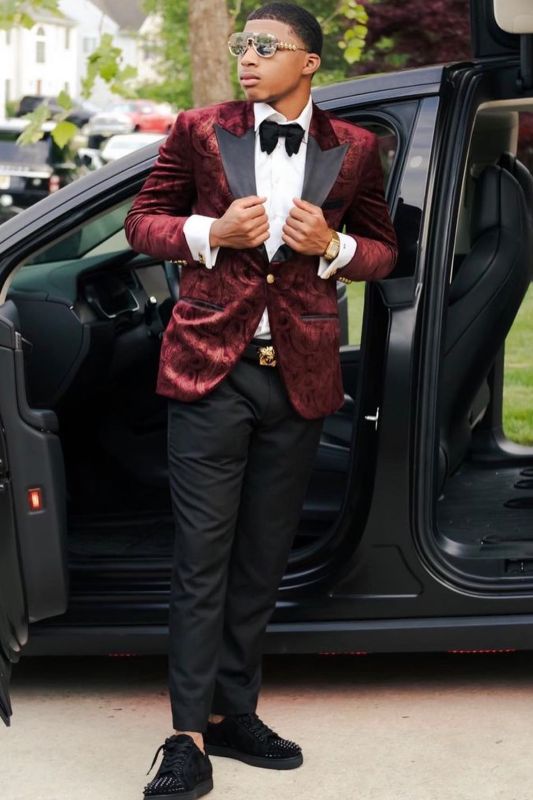 Victor Burgundy Peaked Lapel Jacquard Prom Suits