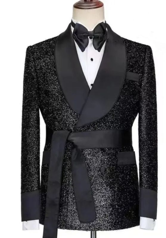 Sparkling Black Men's Wedding Suit Satin Shawl Lapel Prom Suit with Belt