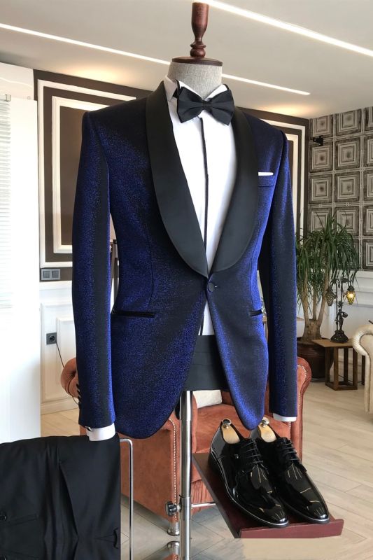 Luciano Sparkly Navy Blue Shawl Lapel Wedding Suits with Black Lapel