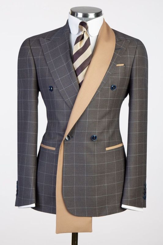 Poo Dark Gray Plaid Business Suit Double Breasted Satin Lapel