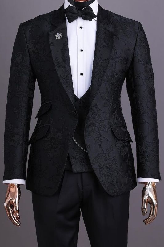 Abbott Modern Handmade 3 Piece Black Jacquard Men's Wedding Suit