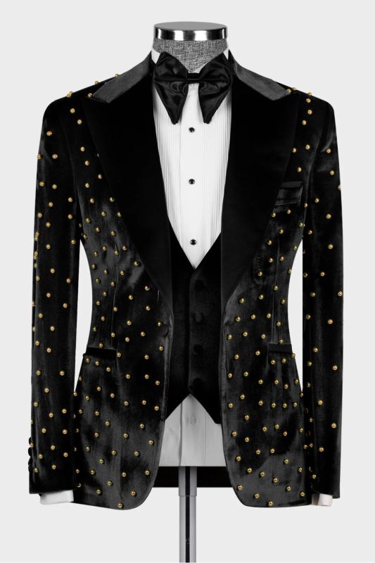 An Luxury Black Velvet 3 Piece Gold Beadings Men's Dinnig Suits