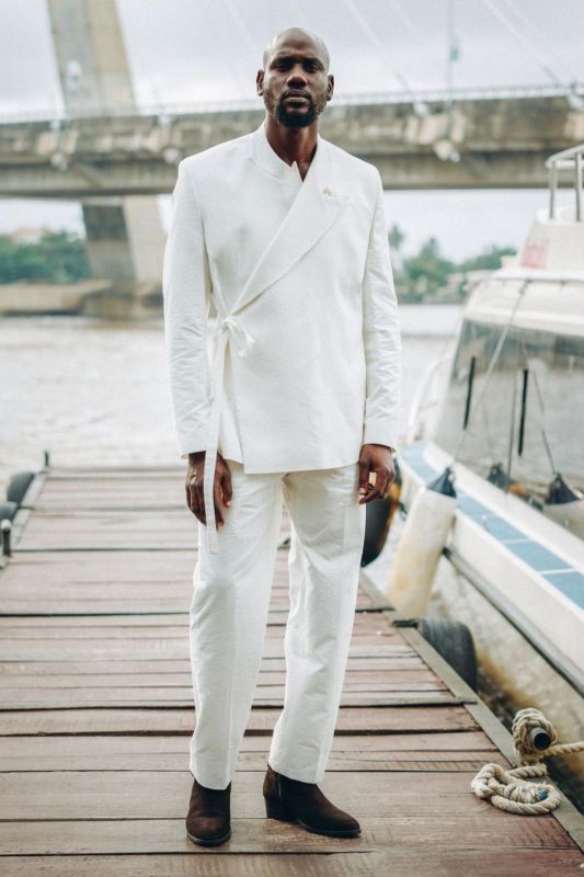 Ziv White Peaked Lapel Prom Suits With Sash