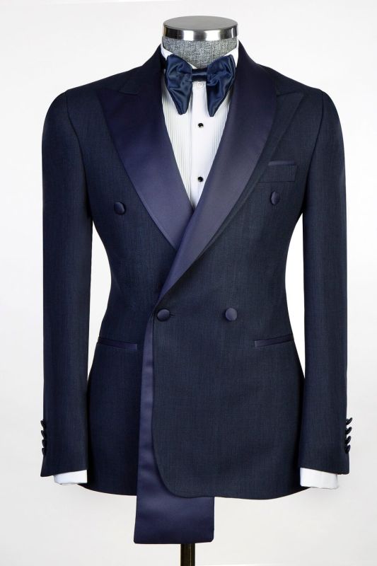 Bein Dark Navy Double Breasted Men’s Formal Suit with Satin Lapel