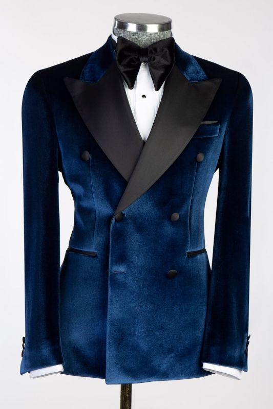 Pai-li Navy Blue Velvet Black Satin Peaked Lapel Wedding Suits