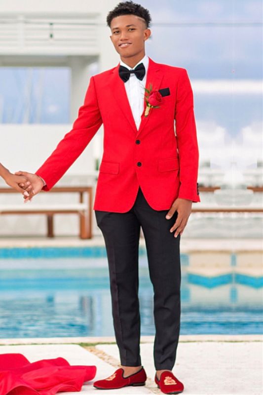 Xavier Red Notched Lapel Two Buttons Prom Suits With Black Pants