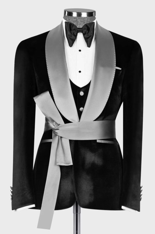 Cha Silver Sash Shawl Lapel Black Velvet 3 Piece Prom Suit Wedding Tuxedo