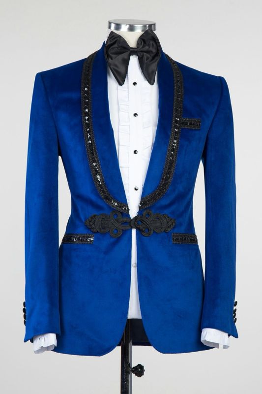 Pai Royal Blue Velvet Knitted Button Black Chains Prom Suit