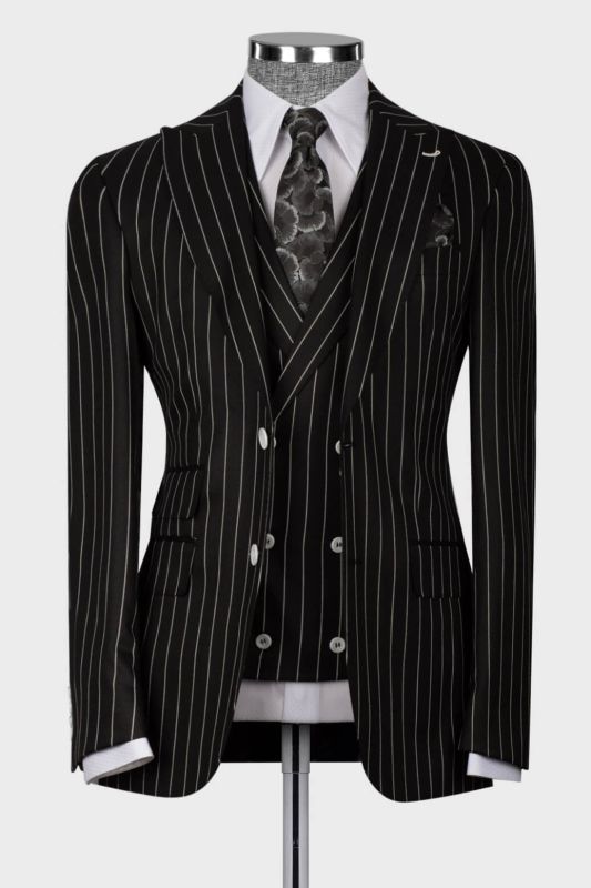 Che Big and Tall 3 Piece Pinstripe Black Business Suit with Waistcoat