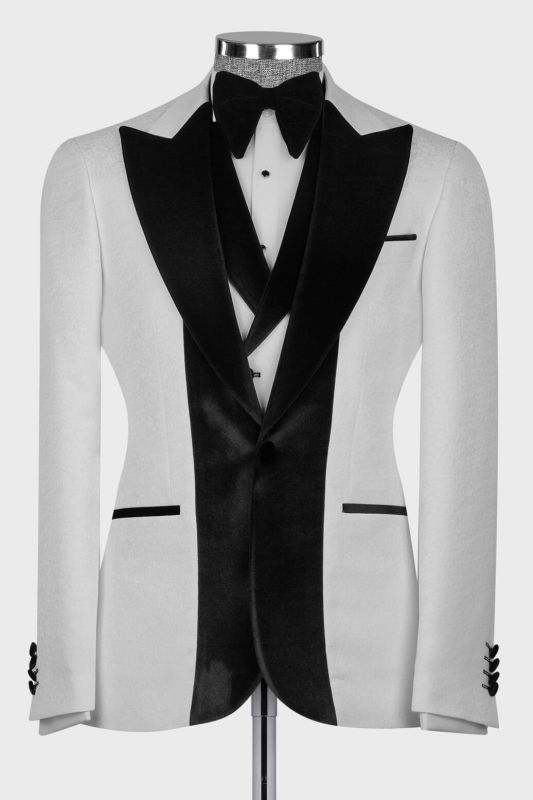 Cheng 3 Piece White Jacquard Wedding Suit with Black Velvet for Groom