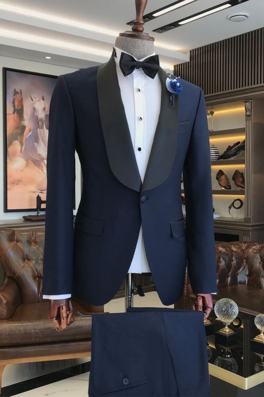 Alexandra Navy One Button Wedding Suits With Black Shawl Lapel