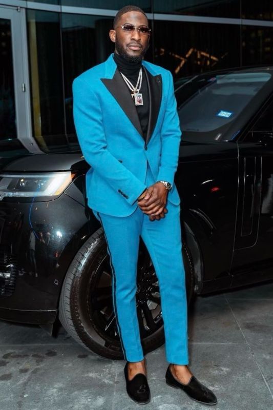 Anson Sky Blue Close Fitting Prom Suits With Black Peaked Lapel