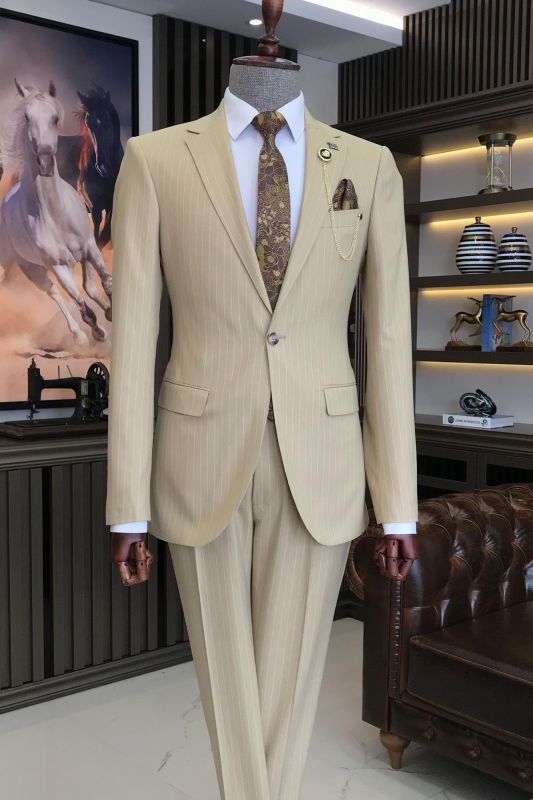 Adonis Light Khaki Notched Lapel One Button Striped Business Suits