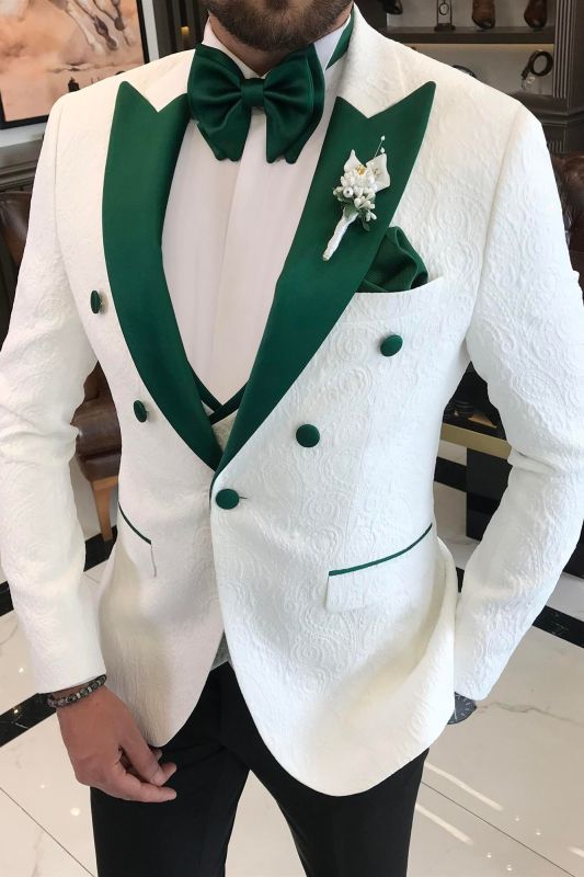 Alvis White Jacquard Three Pieces Wedding Suits With Green Stain Lapel