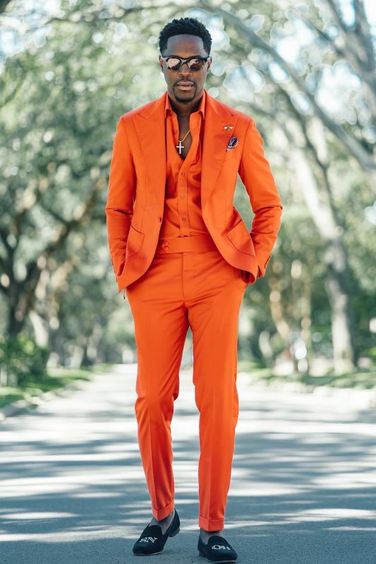 Ansel Orange Peaked Lapel No Flaps One Buttons Prom Suits