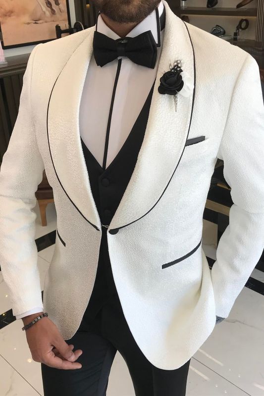 Americo White Jacquard Three Pieces Wedding Suits With Black Vest And Pants