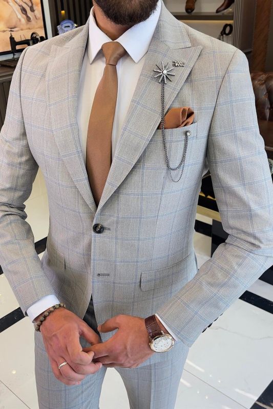 Alonzo Light Gray Peaked Lapel Business Suits With Blue Plaid