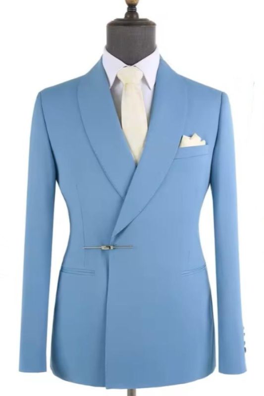 Popular Sky Blue Shawl Lapel Bolt Buckle Mens Business Suit | Allaboutsuit