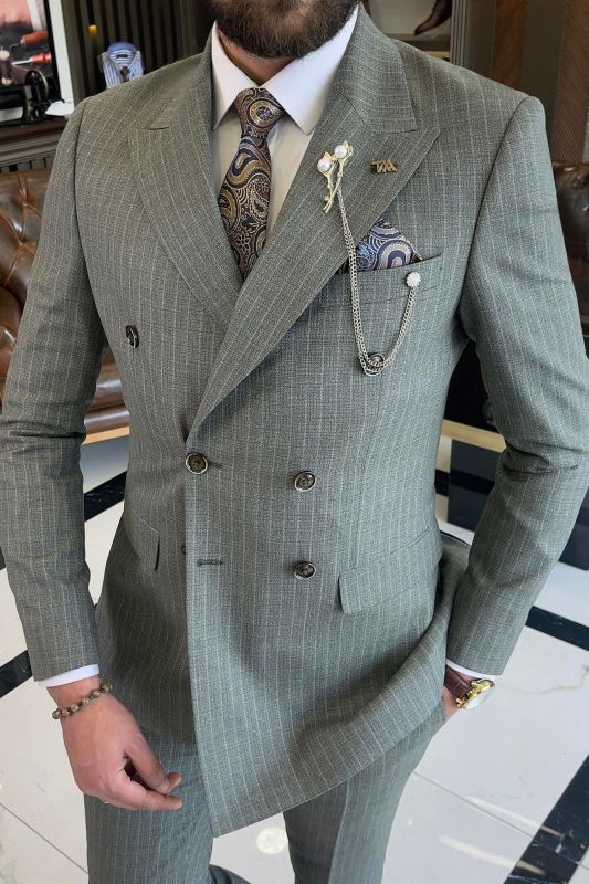 Alger Gray Peaked Lapel Double Breasted Striped Business Suits