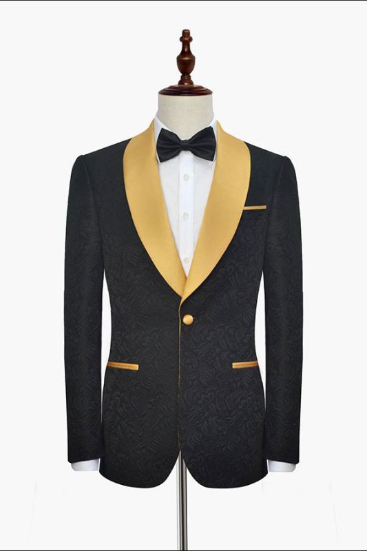 Gold Shawl Lapel One Button Wedding Tuxedo | Black Jacquard Prom Suits ...