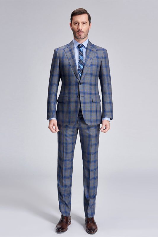 grey and blue checked suit