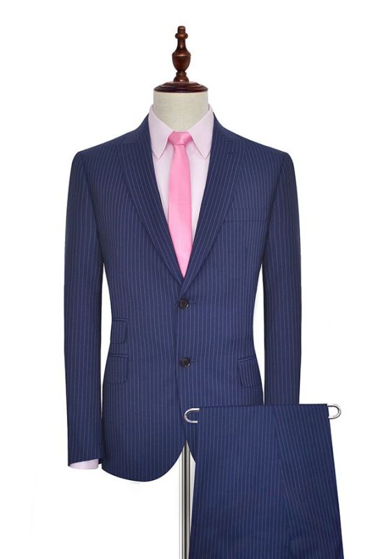 Vertical Stripes Peak Lapel Mens Suits for Business | Two Buttons Navy Blue Suits for Men