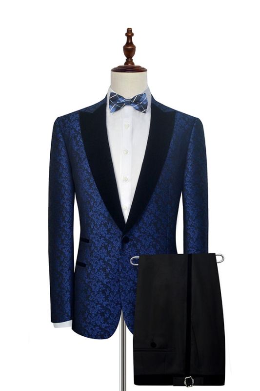 Blue Floral Patter Tuxedos for Wedding | Black Velvet Peak Collar Prom ...