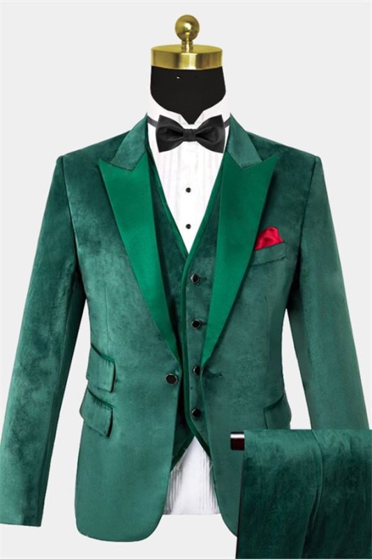 Three Pieces Green Velvet Men Suits Unique Peak Lapel Tuxedo